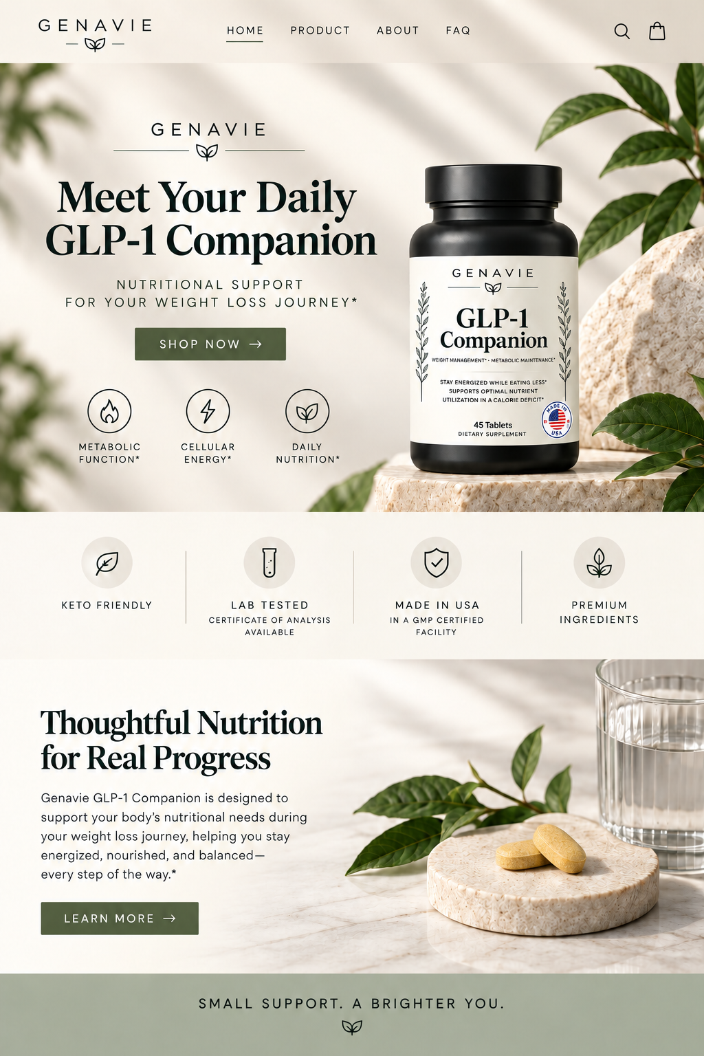Supplement tablets beside a glass of water